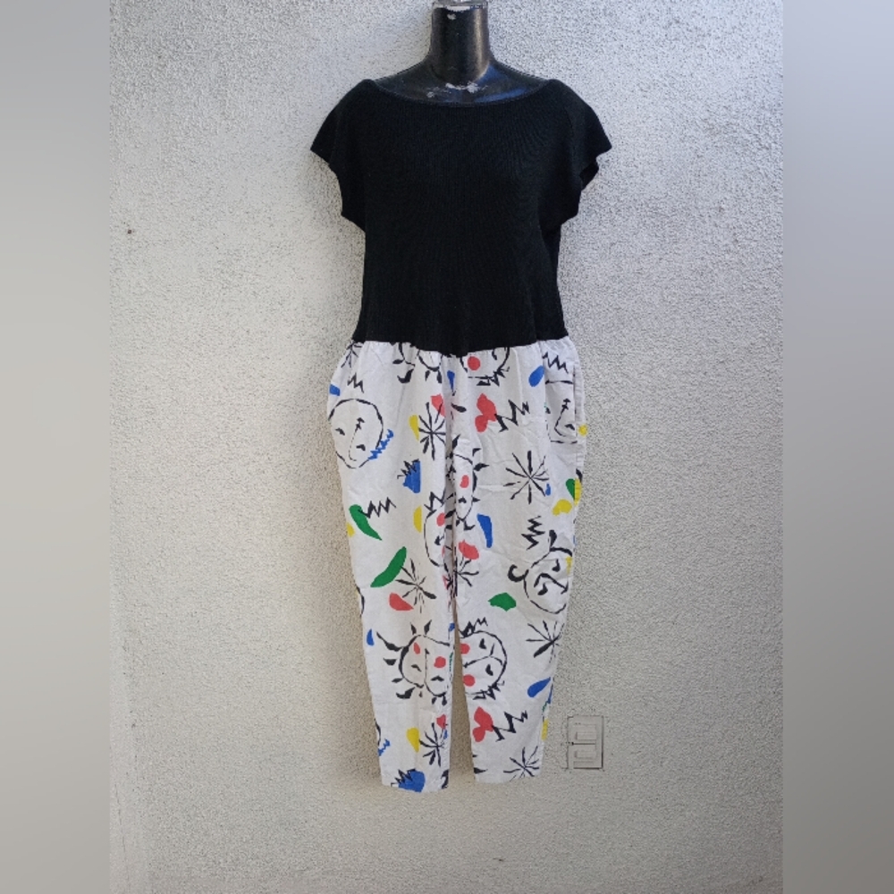 VTG 80's 90's Abstract Face Doodle Print Jumpsuit Black White Multicolor Picasso